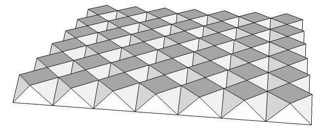 187 Şekil 5.7. Kare tabanlı küboktahedron kullanılarak adapte edilmiş geometrik şeklin peteksi modellenmesine ait plan ve üç