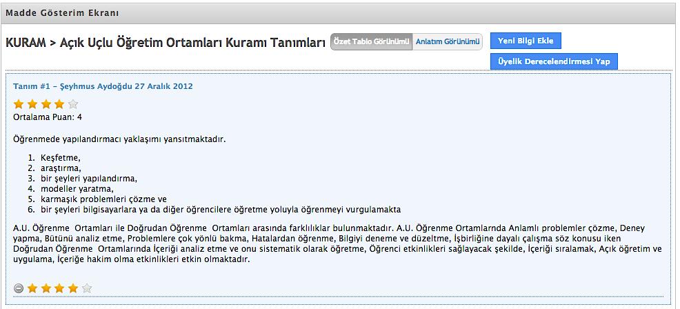 ÜYE KULLANIMI Herhangi bir maddeye ait bilgileri görüntülediğinizde, eğer o maddeye daha önceden hiç bir bilgi girmediyseniz Yeni Bilgi Ekle ve Üyelik Derecelendirmesi Yap butonları gözükür.