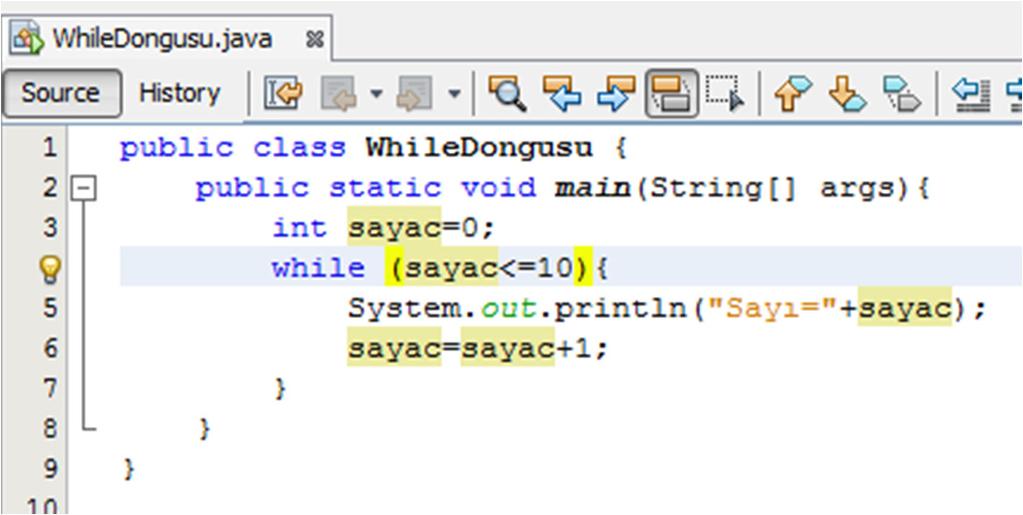 JAVA DA DÖNGÜLER While Döngüsü: Örneğin; birden 10 a kadar olan sayıları konsolda yazdıracak while döngüsü kodu aşağıdaki gibidir.