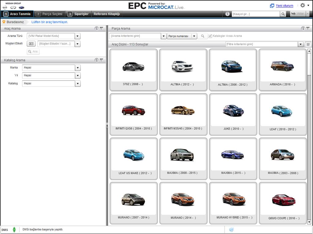 ARACI TANIMLA Microcat Live tarafından desteklenen Nissan EPC en üst düzey parça satış sistemi sunar. Başlamak için, ana ekranlara göz atın.