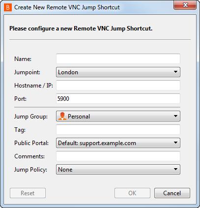 Uzak VNC Kısayolu Oluştur Uzaktaki bir Uzak VNC kısayolu oluşturmak için, Jump arayüzünde Oluştur düğmesini tıklayın. Açılır menüden Uzak VNC'yi seçin.