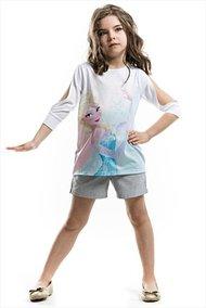 Disney Mavi Beyaz Kız Çocuk Elsa Jean Şortlu Tunik Takım Pembe Gri