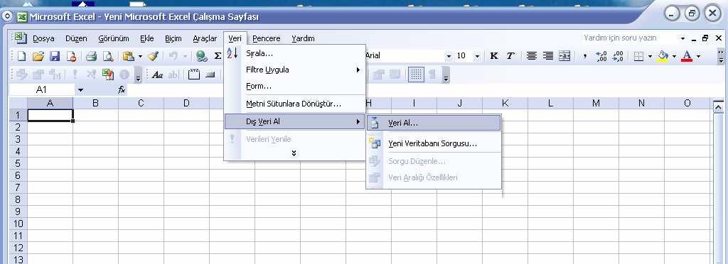 1.Adım : Excel sayfasının açılması ve Veri >Dış veri Al >Veri al