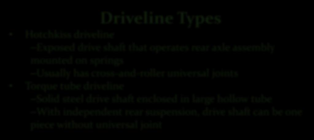 Driveline Types Hotchkiss driveline Exposed drive shaft that operates rear axle assembly mounted on springs Usually has cross-and-roller universal joints Torque tube driveline Solid steel drive shaft