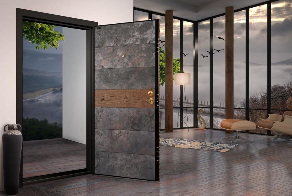 NEW GENERATION SECURITY DOORS STONE SERIES / ST01 Agate Taş / Doğal Ahşap Agate Stone / Naturel Wood Kanat ön yüz özel tasarım 6 mm Mdf üzeri doğal ahşap ve doğal taş