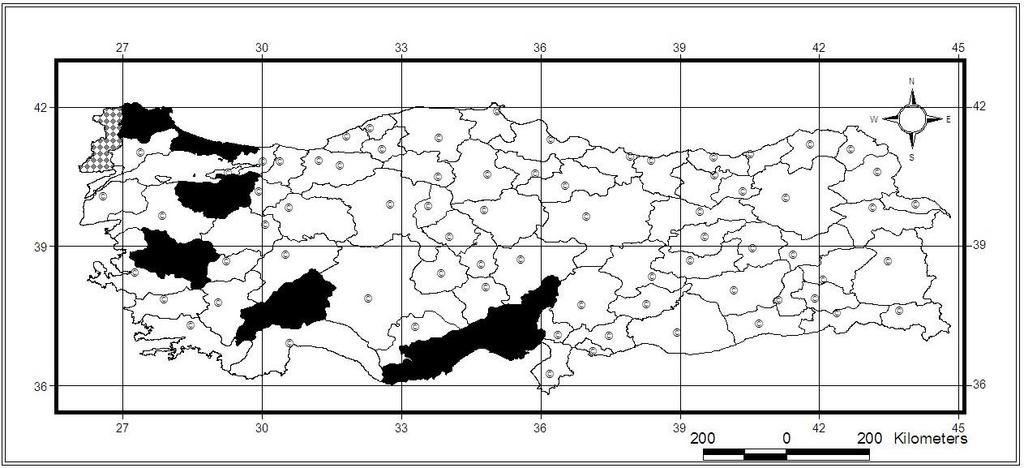 101 Harita 3.45. Xylotrechus antilope nin Türkiye yayılışı (Schoenherr, 1817) Dünya yayılışı: Avrupa, Rusya nın Avrupa kısmı, Kıbrıs, Türkiye. Korotip: European.