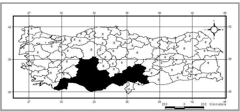 53 Harita 3.23. Purpuricenus nudicollis in Türkiye yayılışı (Demelt, 1968) Dünya yayılışı: Türkiye, Kıbrıs. Korotip: E-Mediterranean.