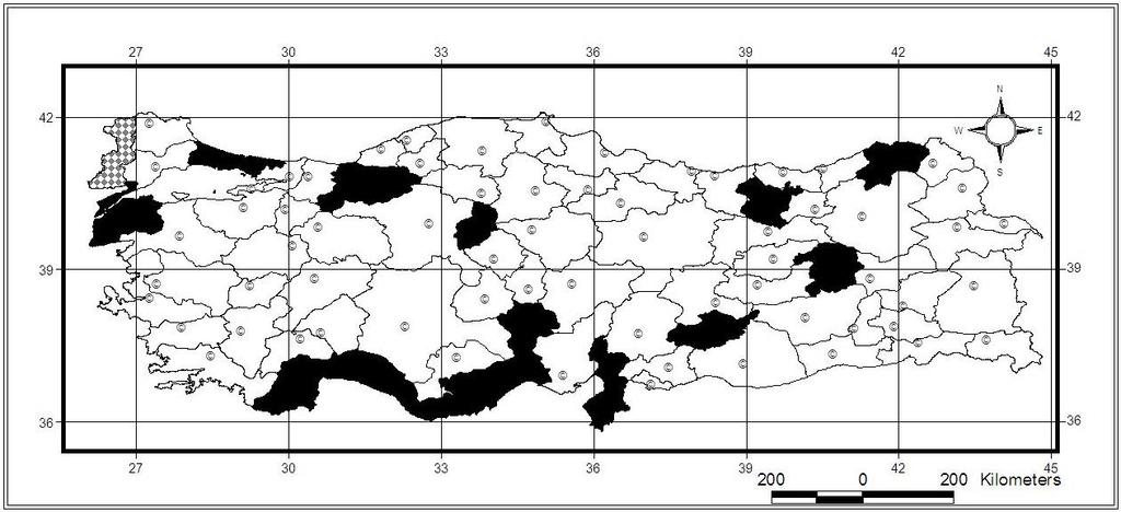80 2011); Kırıkkale: Sulakyurt (Özdikmen ve diğerleri, 2012); Düzce: Paşabükü odun deposu (Özdikmen ve diğerleri, 2012b); Bingöl: Merkez (Sama ve diğerleri, 2012). Harita 3.36.