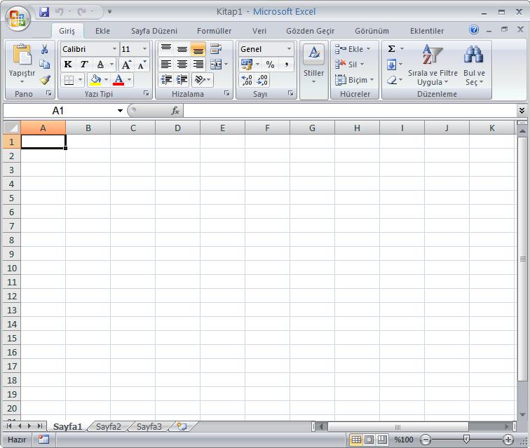 Excel de her yeni çalışma kitabı aynı yazı tipi, yazı tipi boyutu ve varsayılan olarak 3 adet çalışma sayfası ile oluşturulur. Bu ayarlar isteğe göre değiştirilebilir.
