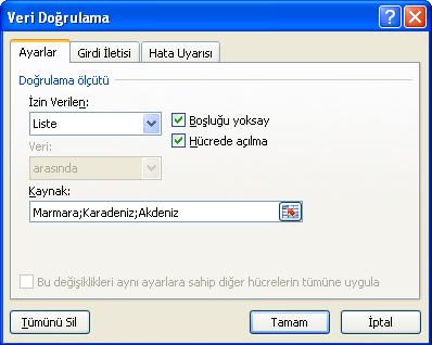 Ondalık: Ondalıklı sayılar için kullanılır. Liste: Onaylanan değer listesi (açılan kutu) oluşturmak için kullanılır. Tarih: Tarih değerleri için kullanılır. Saat: Saat değerleri için kullanılır.