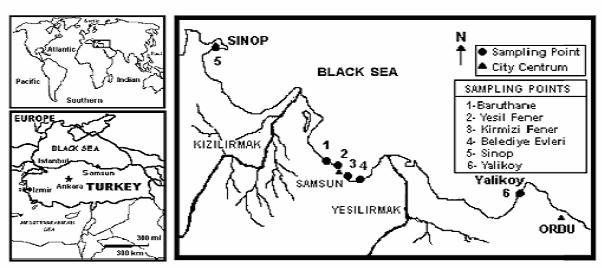 Harita 4. Numune alma çalışması ve noktaların konumları Tablo 79 Türkiye nin Orta Karadeniz Sahilinde 1999 ve 2000 de deniz suyunda ölçülen ortalama klorlanmış pestisit ve PCB yoğunlukları.