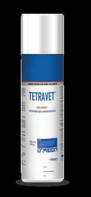 TETRAVET Veteriner Deri Antibakteriyeli Tetravet sprey; yeşilimsi mavi renkli bir çözelti olup, 250 ml (150 g) da 3,5 g Oksitetrasiklin HCl içerir.