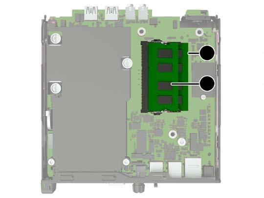 SODIMM yuvalarına takma Sistem kartında, her kanalda bir yuva olmak üzere iki adet SODIMM yuvası vardır. Yuvalar DIMM1 ve DIMM3 olarak etiketlenmiştir. DIMM1 yuvası bellek kanalı B'de çalışır.