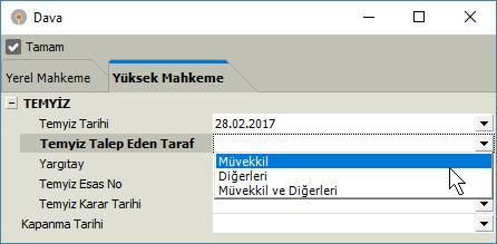 Duruşma penceresinde duruşma türü olarak "İstinaf Duruşması" eklenmiştir.