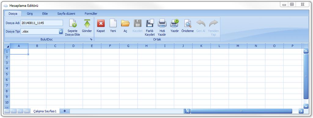 Hesaplama Editörü Hesaplama editörü ile bilgisayarınızda Microsoft Excel programı kurulu olmadan.xls/.xlsx dosyaları oluşturabilir ve bu dosyaları doğrudan BulutDoc a yükleyebilirsiniz.