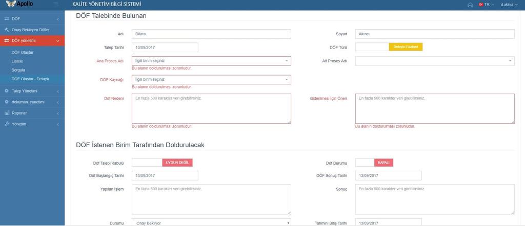 DÖF Yönetimi Burada taleple ilişkilendirmeye