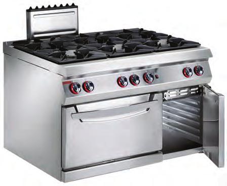 PİŞİRME ÜNİTELERİ / Cooking Units 900 Serisi / 900 Series Kuzineler Gas Burner Ranges 18/10 Paslanmaz çelik yüzey, 20/10 mm kalınlık. Pik döküm üst tabla ve brülörler.