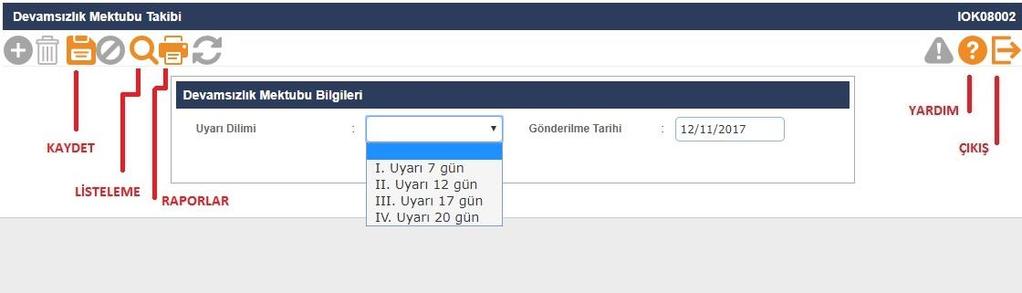 23- Uyarı dilimine göre devamsızlık takibinin yapıldığı ekrandır. Devamsızlık mektubu gönderilen öğrencilerin bu ekrandan gönderildi diye işaretlenip kaydetme işleminin yapılması gerekmektedir.