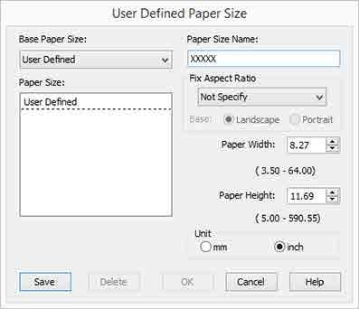 Yazdırma Destekleri Uzunluk ve genişlik oranı tanımlı kağıt boyutu ile aynıysa, Fix Aspect Ratio (En/Boy Oranını Düzelt) öğesinden tanımlı kağıt boyutunu seçin ve Base (Baz) için Landscape (Manzara)
