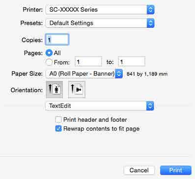 Yazdırma Destekleri Mac OS X için Ayarların Yapılması Yazdır ekranı gösterildiğinde, Paper Size A (Kağıt Boyutu) seçeneğinde uygulama ile oluşturulan veri boyutunu seçin.