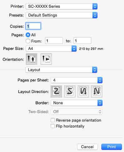 U Yazdırma (Windows) sayfa 57 Mac OS X için Ayarların Yapılması Yazdır ekranı gösterildiğinde, listeden Layout A (Düzen) öğesini seçin ve ardından yaprak başına sayfa sayısı, vb. belirleyin.