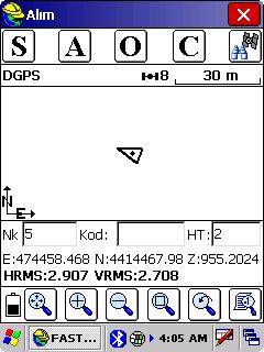 Alım ekranı soldaki gibidir. En üst satırda; S (Kayıt) A (Ortalama Alarak Kayıt) O (Ofset) C (Yapılandır) (Denetle / Uydular) gibi kısa yollar bulunmaktadır.