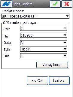 HIPER II Dahili Dijital Radyo modemli cihaz için aşağıdaki ayar ; GR-3, GR-5 ve HIPER II cihazlarında ileri tuşuna