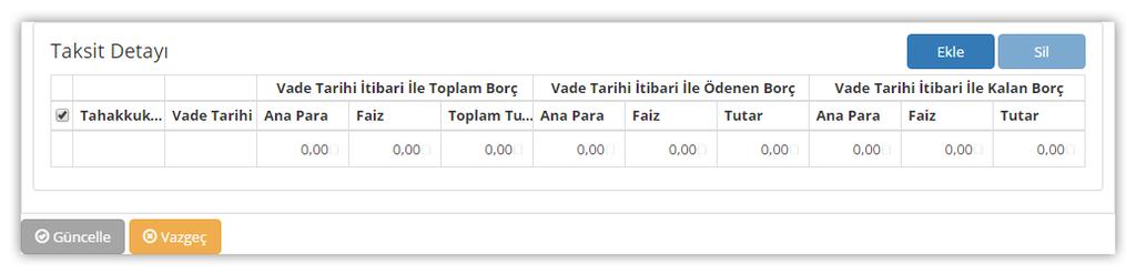 Tahakkuk Güncelle Ekranı Tahakkuk Güncelle Ekranı'nda tahakkukun detaylı bilgileri yer alır. Tahakkuk kaydını güncellerken önceden yapılandırılmış taksitler varsa güncellenebilmektedir.