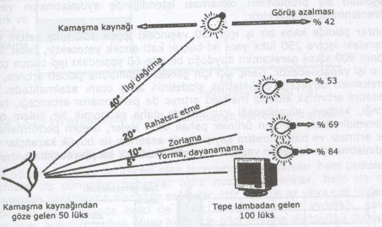 50 lüks ise açı 5 iken görme kalitesi % 84 azalır, göz yorulur, dayanamaz hale gelir; açı 10 ye çıktığında kalite azalması % 69 olmuştur, göz kendisini zorlamak zorunda hisseder.