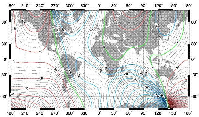 Şekil 3.3. 2000 yılına göre yerküre üzerinden geçen deklinasyon açılarını gösteren harita. Kontur aralıkları 2 dir (http://www.ngdc.noaa.gov) 3.3. Mağnetik Ölçümlere Etki Eden Etkenler 3.3.1.