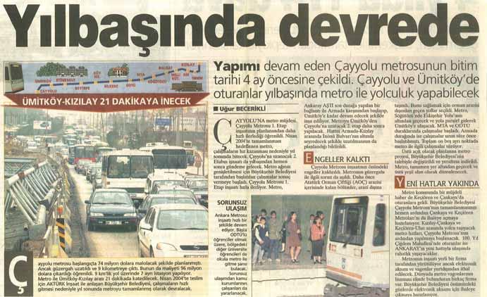 Şekil 4: Çayyolu Metrosunun 2004 Yılı Başında Açılması Konusundaki Haber Kaynak: 28 Mart 2003 Sabah Ankara alanlarına ve öğrenci yoğunluğu olan alanlara, ayakta yolcunun taşınmadığı yüksek kaliteli