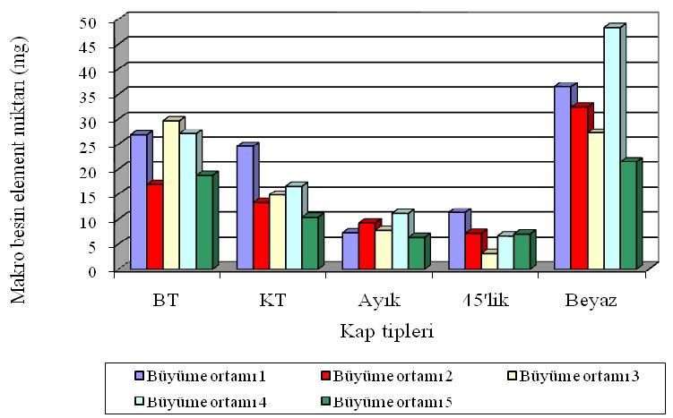 Azot elementine ait yapılan varyans analizinde, orijinler 0.05, büyüme ortamları 0.01 ve kap tipleri 0.