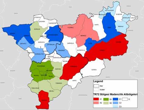 42 2.2.4. TR72 Bölgesi Madencilik Analizi Bölge bir bütün olarak tekrar değerlendirildiğinde üç genel alt bölge ortaya çıkmıştır. Bu alt bölgeler altında da gruplar tanımlanmıştır (Şekil 26). 2.2.4.1 Alt Bölge A Sahip olduğu maden potansiyeli sebebiyle Bölgeyi madencilikte Türkiye genelinde ön plana çıkaran, madenciliğin önemli bir faaliyet kolu olduğu alt bölgedir.