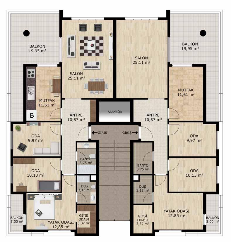 3+1 daire normal kat planı Salon 25,11 m 2 Mutfak 11,61 m 2 Yatak Odası 9,97 m 2 Yatak Odası 10,13 m 2 Ebv. Yatak Odası 12,85 m 2 Ebv.