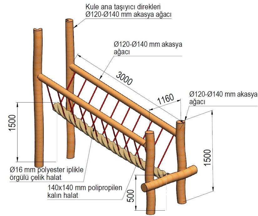 Kalın halat rampa köprü teknik resimde belirtildiği üzere minimum 1160 mm genişliğinde ve minimum 3000 mm uzunluğunda imal edilecektir.