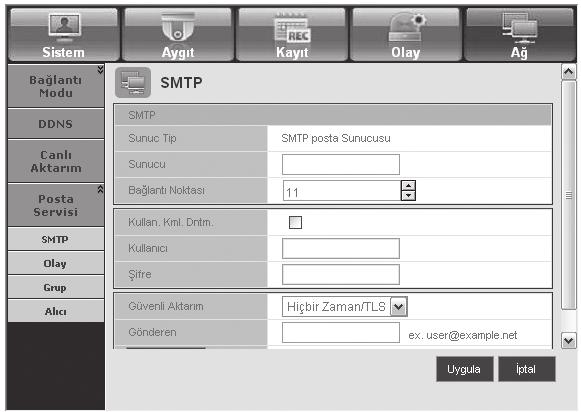 web görüntüleyici Posta Servisi Bir olay meydana geldiğinde postayı gönderecek olan SMTP sunucusunu belirtebilir ve alıcı grubu ve kullanıcıları ayarlayabilirsiniz SmTP