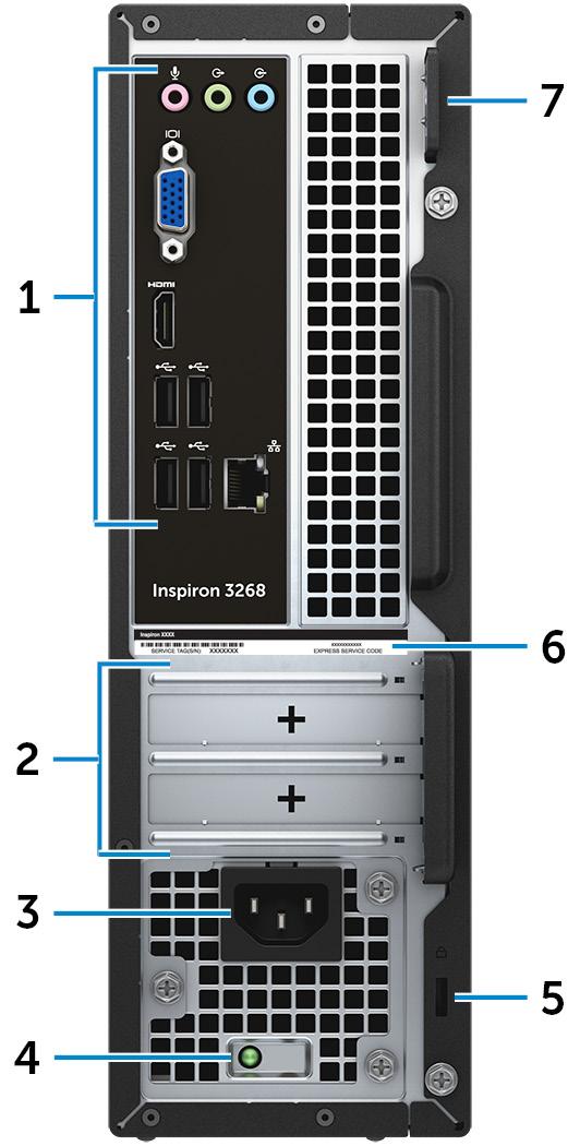 Geri 1 Arka panel USB, ses, video ve diğer aygıtları bağlayın. 2 Genişletme kartı yuvaları Takılı herhangi bir PCI Express kartındaki bağlantı noktalarına erişim sağlar.
