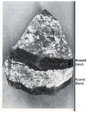 9 Şekil 1.2 Anortozitler içindeki kromit bantları (Sayılı, 2006). Stratiform tipteki kromit yatakları, dünyada bilinen bütün kromit kaynaklarının %98 ni teşkil eder.