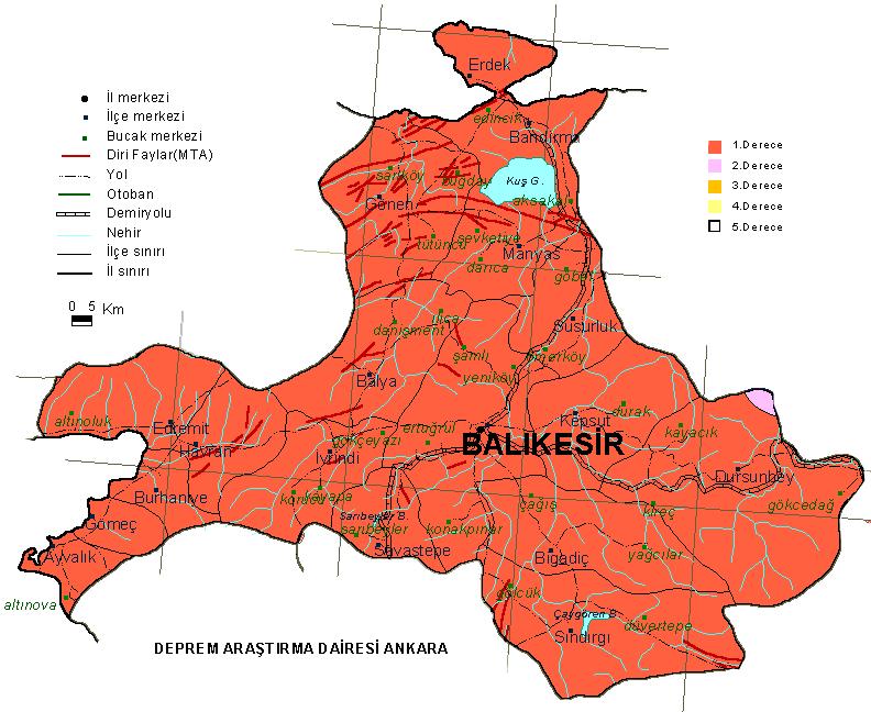 1996 tarih ve 96/8109 sayılı Bakanlar Kurulu kararı ile yürürlüğe giren Türkiye Deprem Bölgeleri Haritası na göre Türkiye deprem kuşağında 4 ayrı derece yer almaktadır. Balıkesir İli, 1.