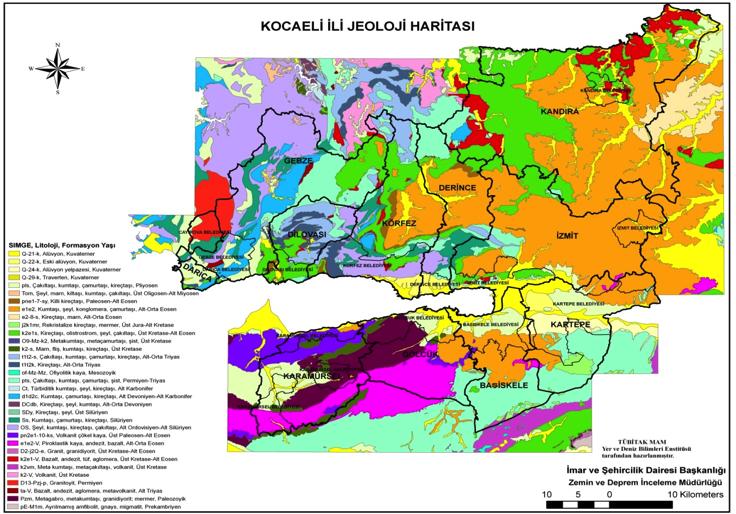 1. JEOLOJİ Kocaeli ili jeoloji haritasının sayısal ortamda üretilmesi için MTA dan 27 adet pafta 1/25,000 lık, 1 adet pafta ise 1/100,000 lik olarak temin edilmiştir.