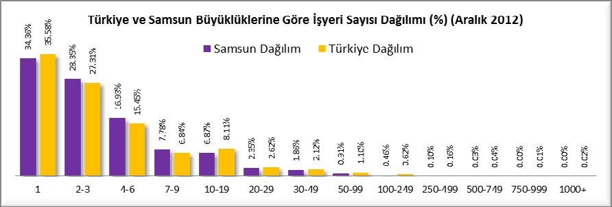 2012 Aralık itibariyle Samsun daki işyerlerinin büyüklüğüne göre zorunlu sigortalı sayılarının dağılımı incelendiğinde büyüklüğü (10-19) kişi olan işyerlerinde %14.