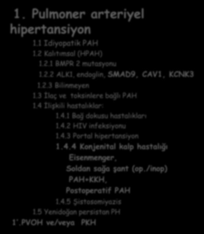 Pulmoner Hipertansiyon Klinik Sınıflaması ( Nice 2013) 1. Pulmoner arteriyel hipertansiyon 1.1 Idiyopatik PAH 1.