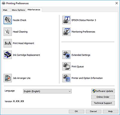 Ağ Hizmeti ve Yazılım Bilgileri Bakım Sekmesi Püskürtme denetimi ve yazdırma kafası temizliği gibi bakım özelliklerini çalıştırabilir ve EPSON Status Monitor 3 uygulamasını çalıştırarak yazıcı