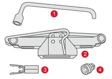 Tekerlek değiştirme Araç ile birlikte verilen aletler yardımıyla arızalı tekerleği stepne ile değiştirirken uygulanacak işlem sırası. Aletlere erişim Aletler, bagajda taban altına yerleştirilmiştir.