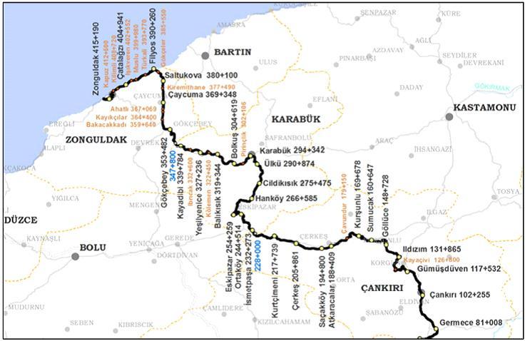 Şekil.. Mevcut tren yolu haritası (TCDD). Uzunluğu 415 km yi bulan Irmak-Karabük-Zonguldak (IKZ) demiryolu hattı bölgeden geçmektedir.