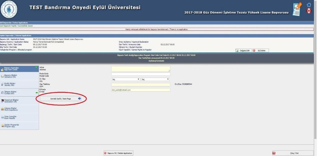 6- Alt ekrandaki ilgili alanlara adres ve iletişim bilgilerinizi girdikten sonra altta bulunan Sonraki Sayfa butonu ile bir sonraki ekrana geçebilirsiniz.