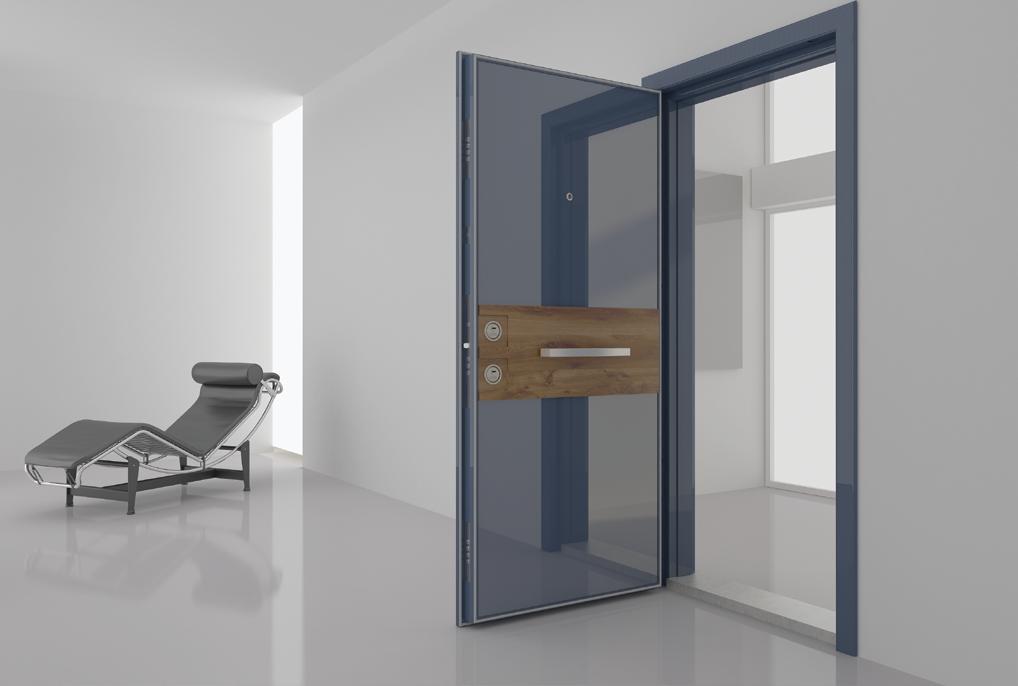 Alya C-33 Security Doors with Glass Panel Cam Panelli Çelik Kapılar Nano Door System Leaf front face is made of 8 mm tempered glass in Ral7021 color and limba wooden panel Kanat ön yüz 8 mm temperli