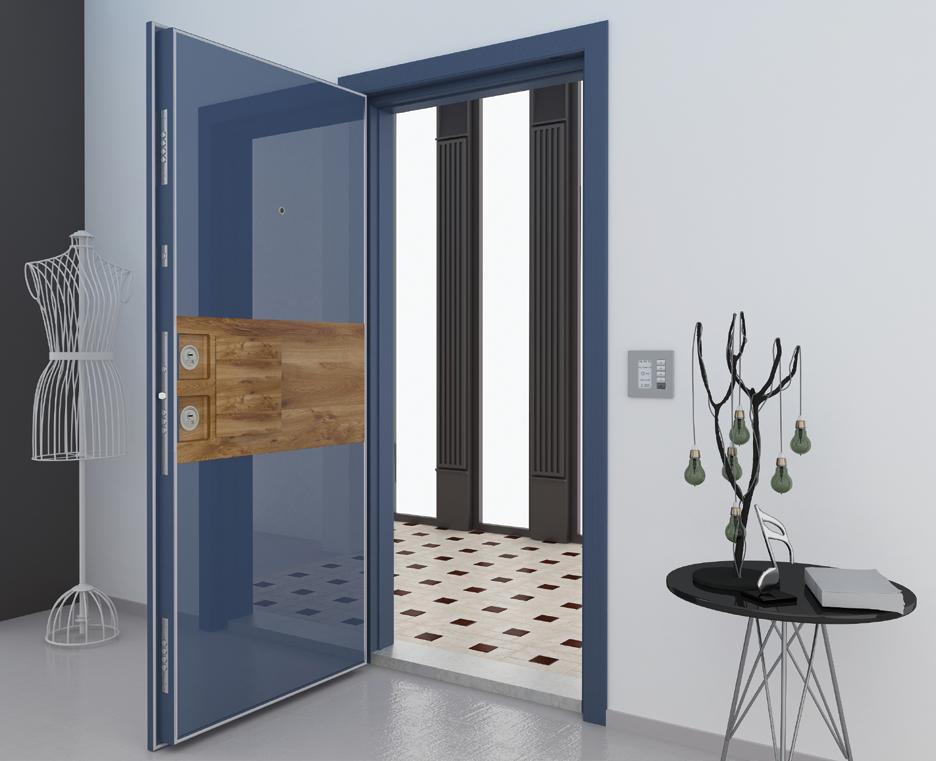 Kupe C-37 Security Doors with Glass Panel Cam Panelli Çelik Kapılar Nano Door System Leaf front face is made of 8 mm tempered glass in Ral7021 color and limba wooden panel Kanat ön yüz 8 mm temperli