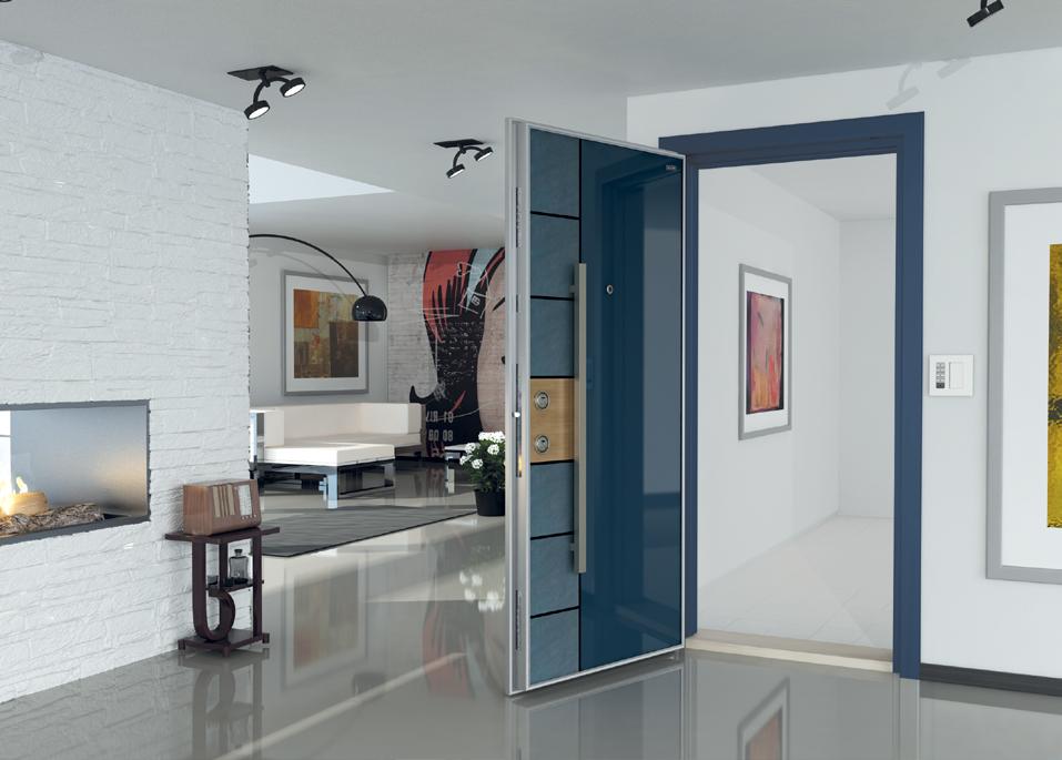 Stone-Glass C-40 Security Doors with Glass Panel Cam Panelli Çelik Kapılar Nano Door System Leaf front face is made of tempered glass in Ral 7021 colour and in width of 8 mm Kanat ön yüz 8 mm