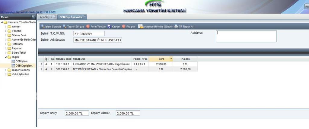 4- Muhasebe birimine gönderilecek olan TİF numarası çift tıklandığında veya ilgili TİF tıklanarak Seç butonu kullanıldığında, ilk ekranda sistem tarafından otomatik olarak muhasebe kaydı